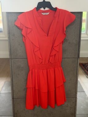 Amanda Uprichard Orange-Red Mini Dress Ruffled Smocked Waist - Medium